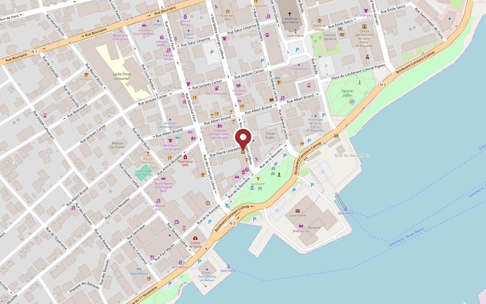 Map of downtown Saint-Pierre: the Musée Héritage is on rue Maître Georges Lefèvre, near the harbor and Joffre Square